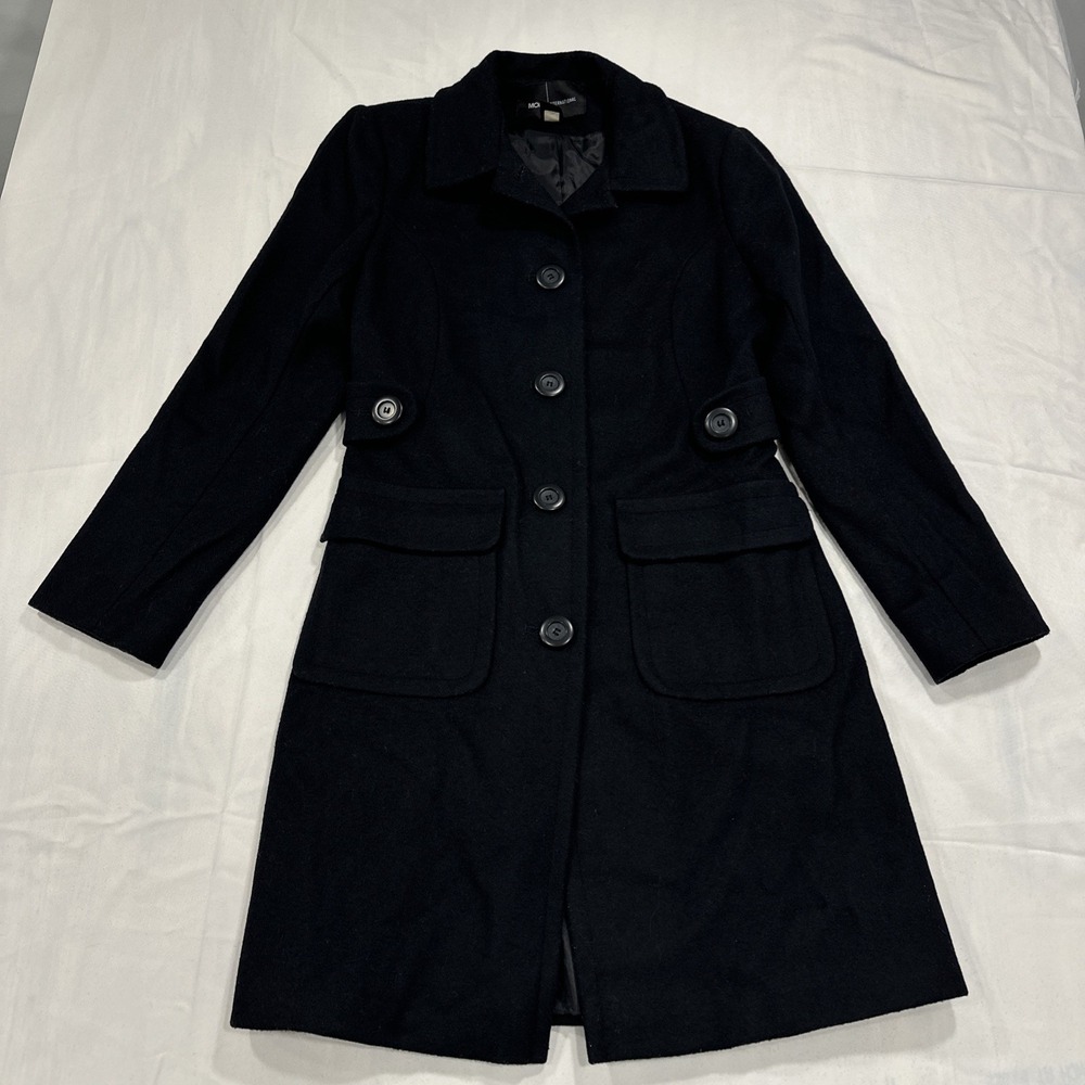 Moda International Women's Peacoat Wool Long Black Size 8 Button Up Lined